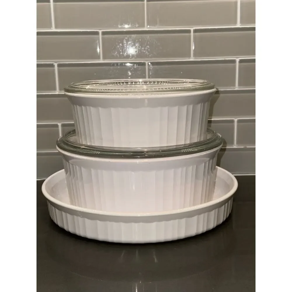 5pc Vintage Corningware French White Round Casserole Set F-5-B, F-1-B, F-3-B